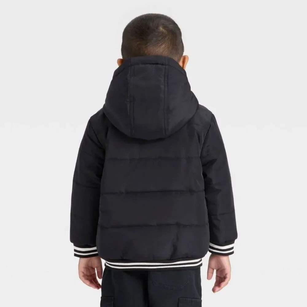 Toddler Boys' Varsity Striped Heavyweight Puffer Jacket - Cat & Jack Black 2T